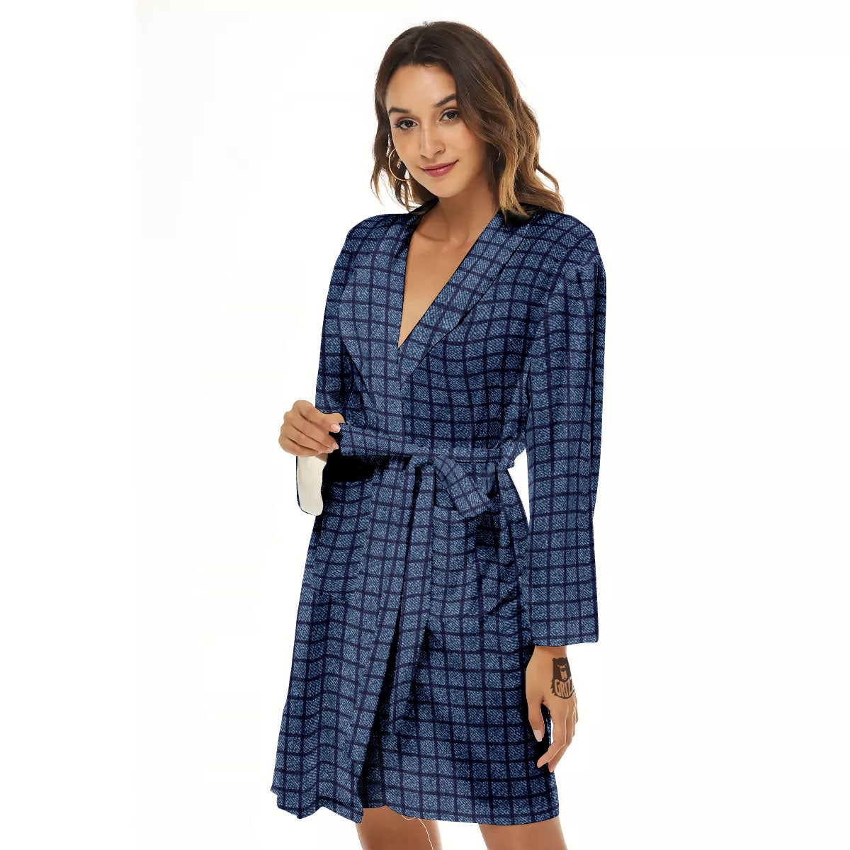 Windowpane Denim Print Pattern Women's Robe-grizzshop