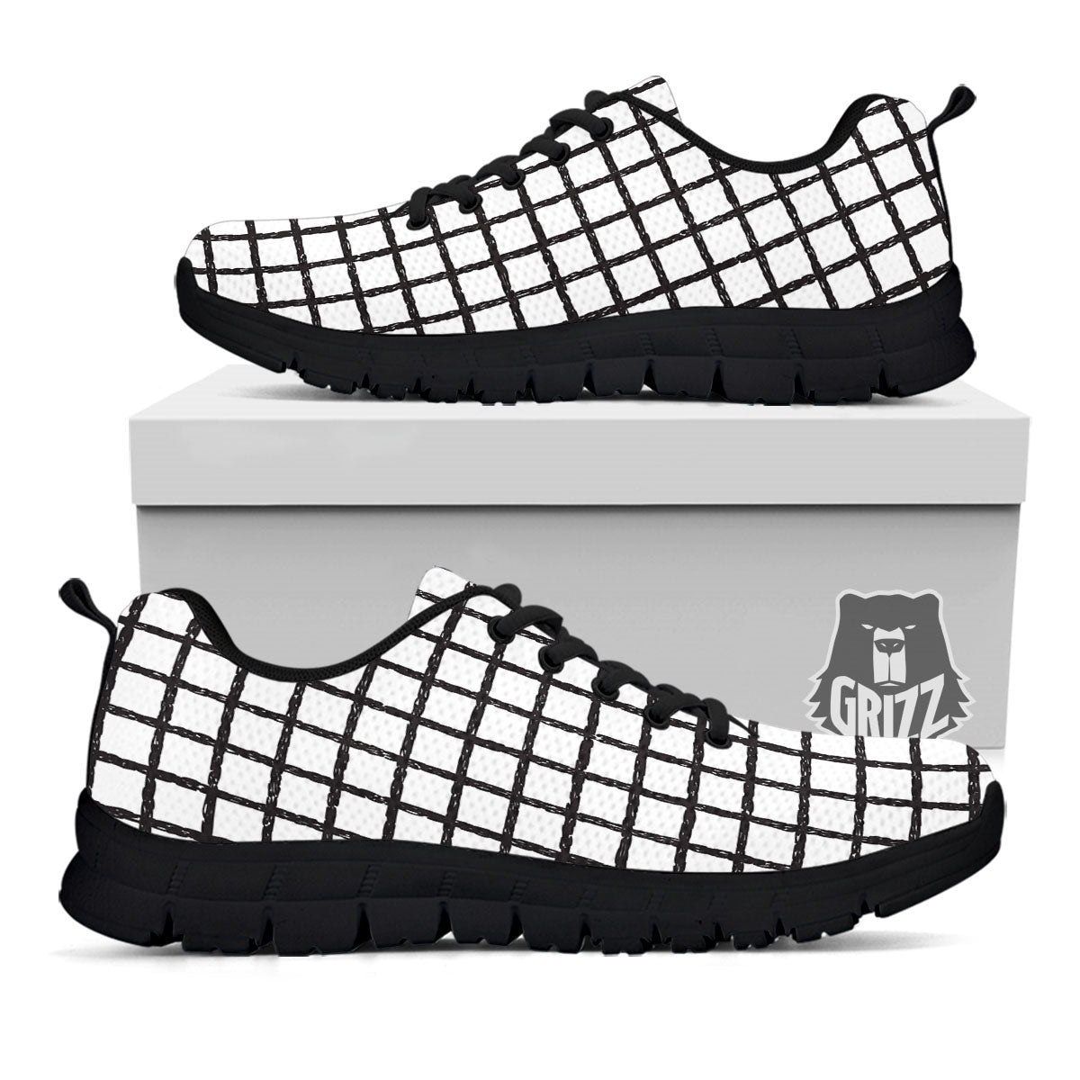 Windowpane Doodle Print Pattern Black Sneaker-grizzshop