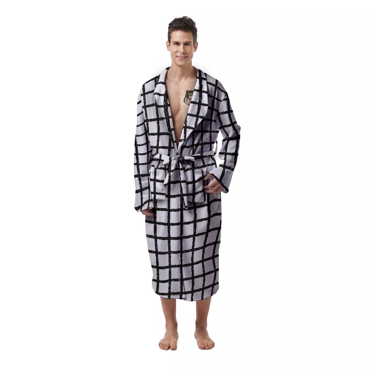 Windowpane Doodle Print Pattern Men's Robe-grizzshop