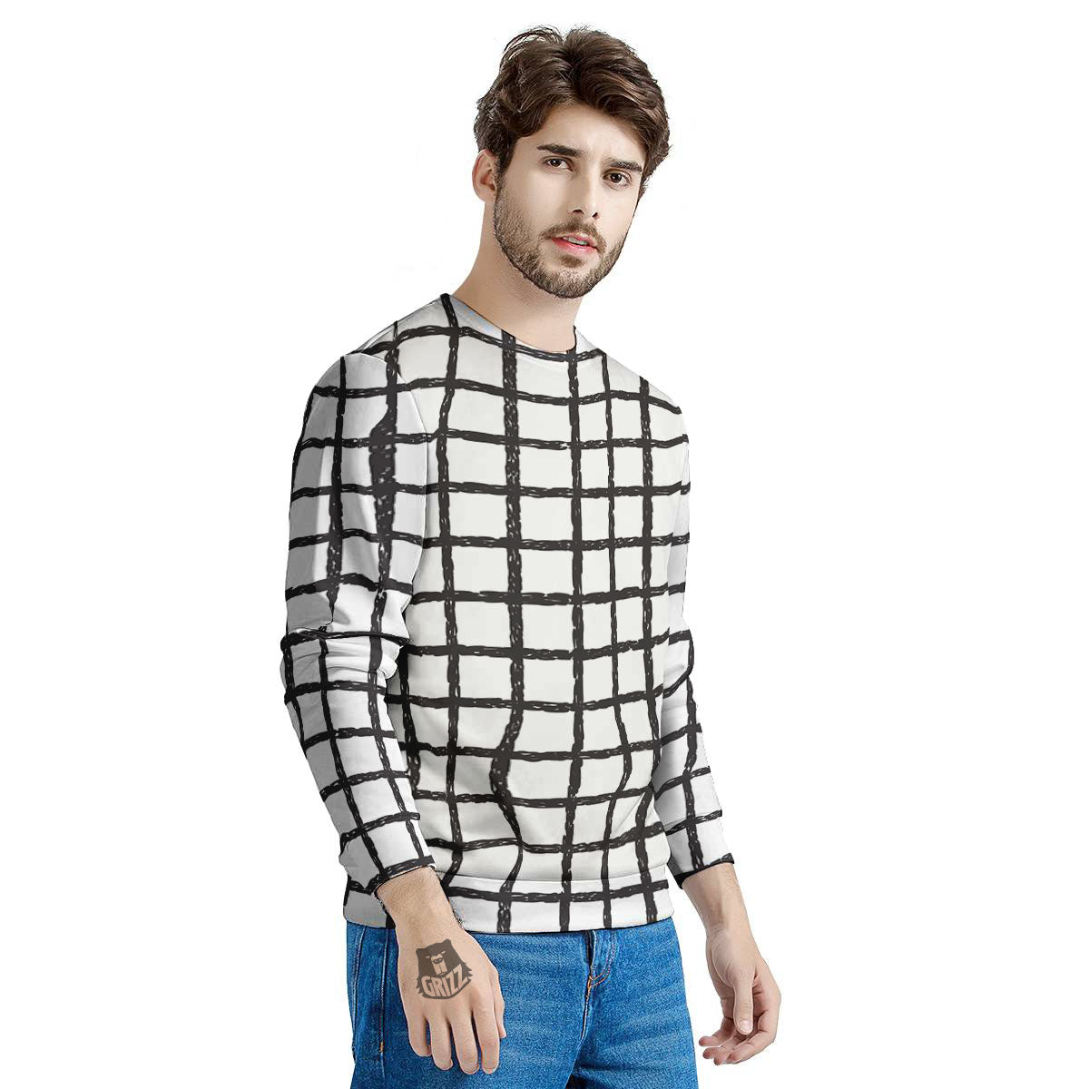 Windowpane Doodle Print Pattern Men's Sweatshirt-grizzshop
