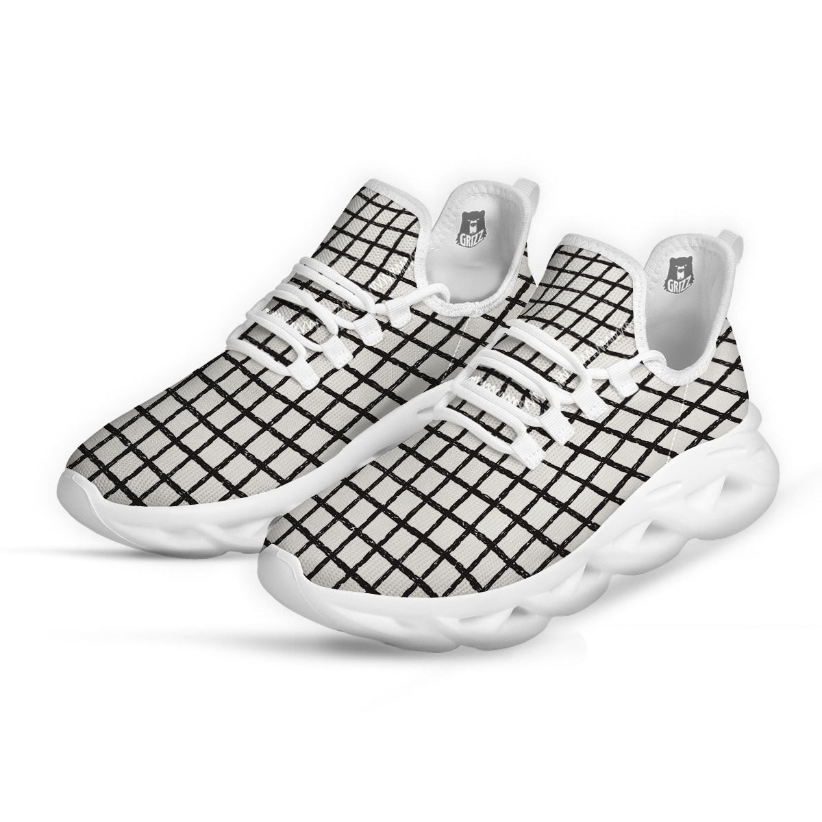 Windowpane Doodle Print Pattern White Running Shoes-grizzshop