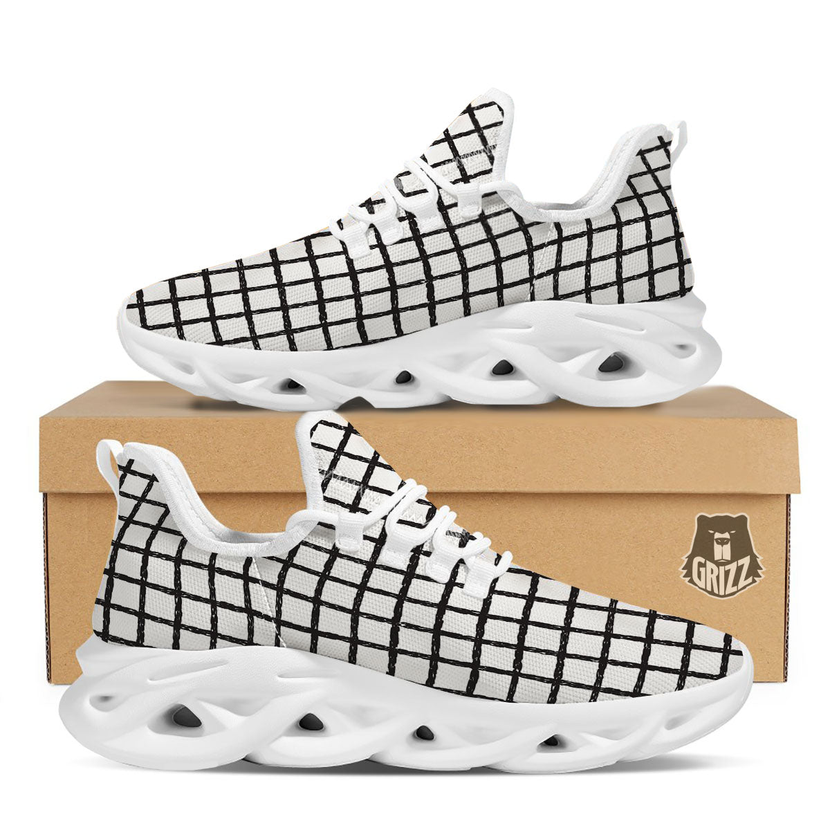 Windowpane Doodle Print Pattern White Running Shoes-grizzshop