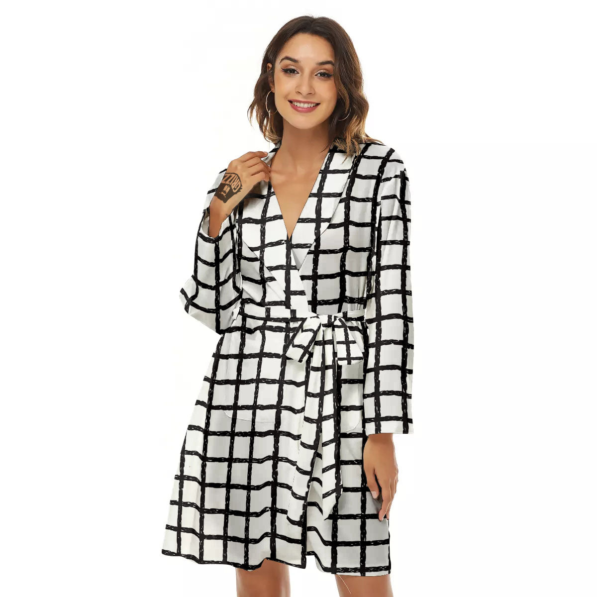Windowpane Doodle Print Pattern Women's Robe-grizzshop