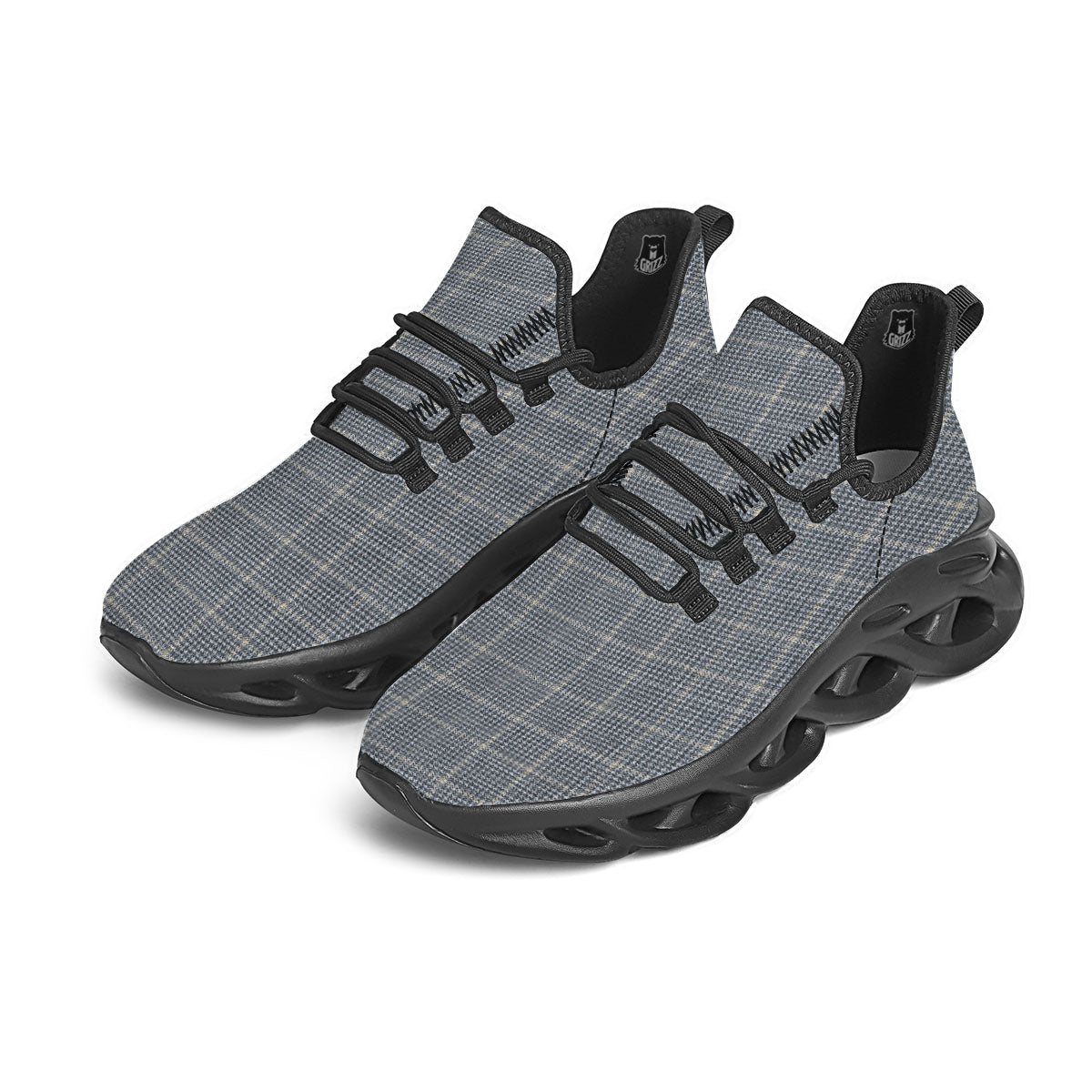 Windowpane Grey Print Pattern Black Running Shoes-grizzshop