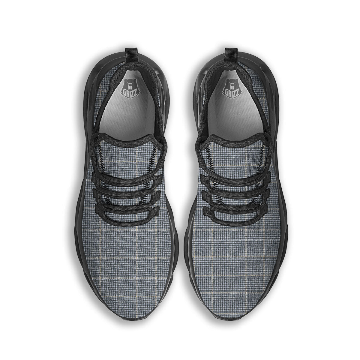 Windowpane Grey Print Pattern Black Running Shoes-grizzshop