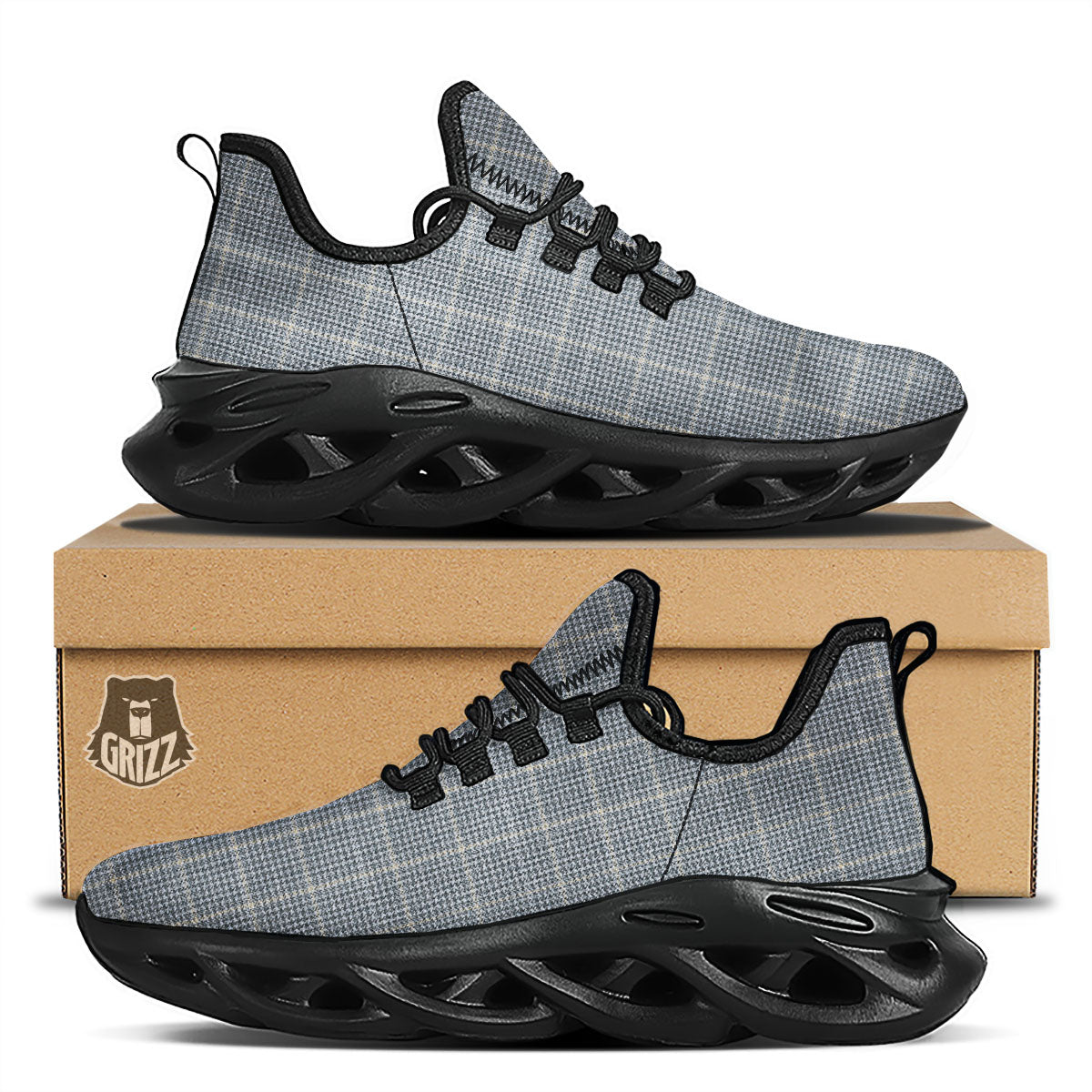 Windowpane Grey Print Pattern Black Running Shoes-grizzshop