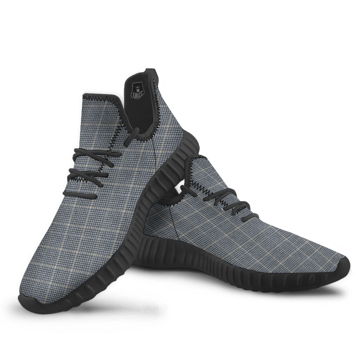 Windowpane Grey Print Pattern Black Walking Shoes-grizzshop