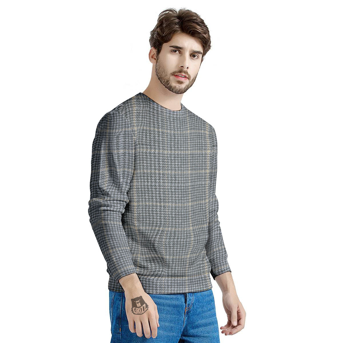 Windowpane Grey Print Pattern Men's Sweatshirt-grizzshop