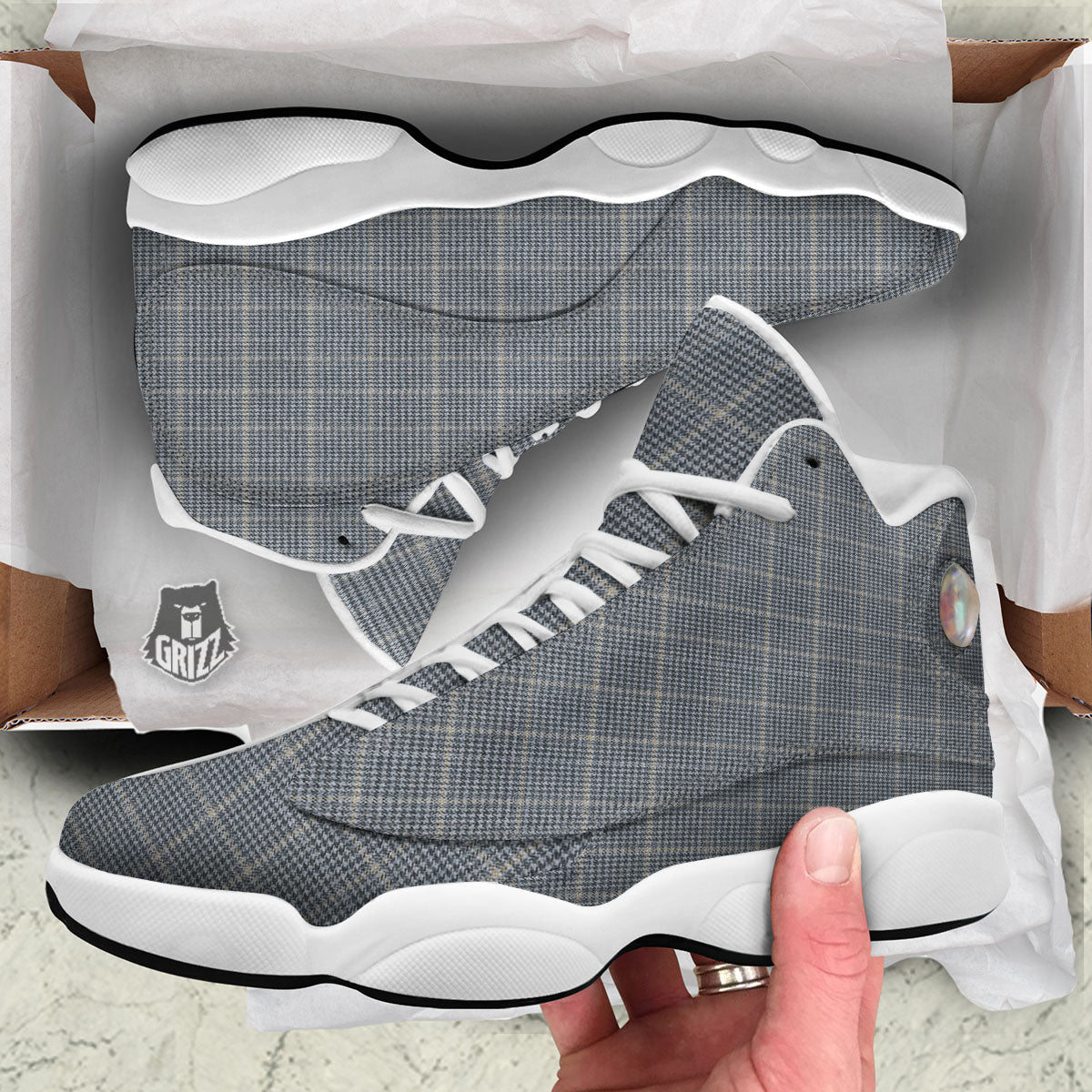 Windowpane Grey Print Pattern White Basketball Shoes-grizzshop