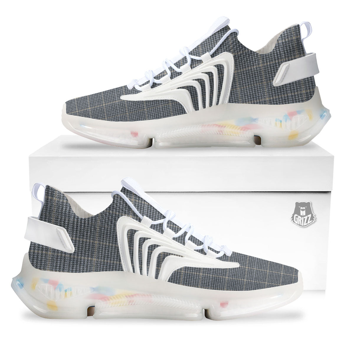 Windowpane Grey Print Pattern White Gym Shoes-grizzshop