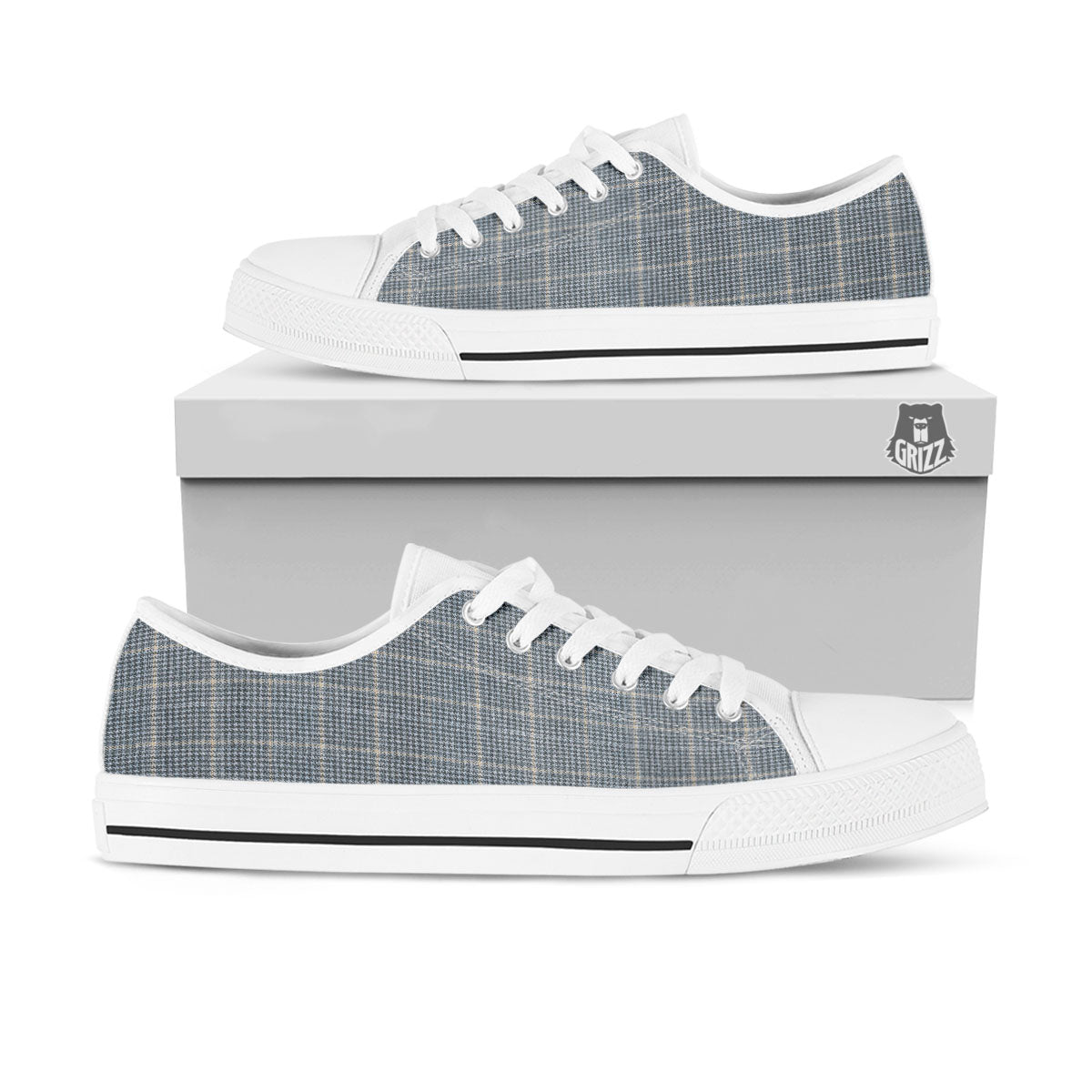 Windowpane Grey Print Pattern White Low Top Shoes-grizzshop
