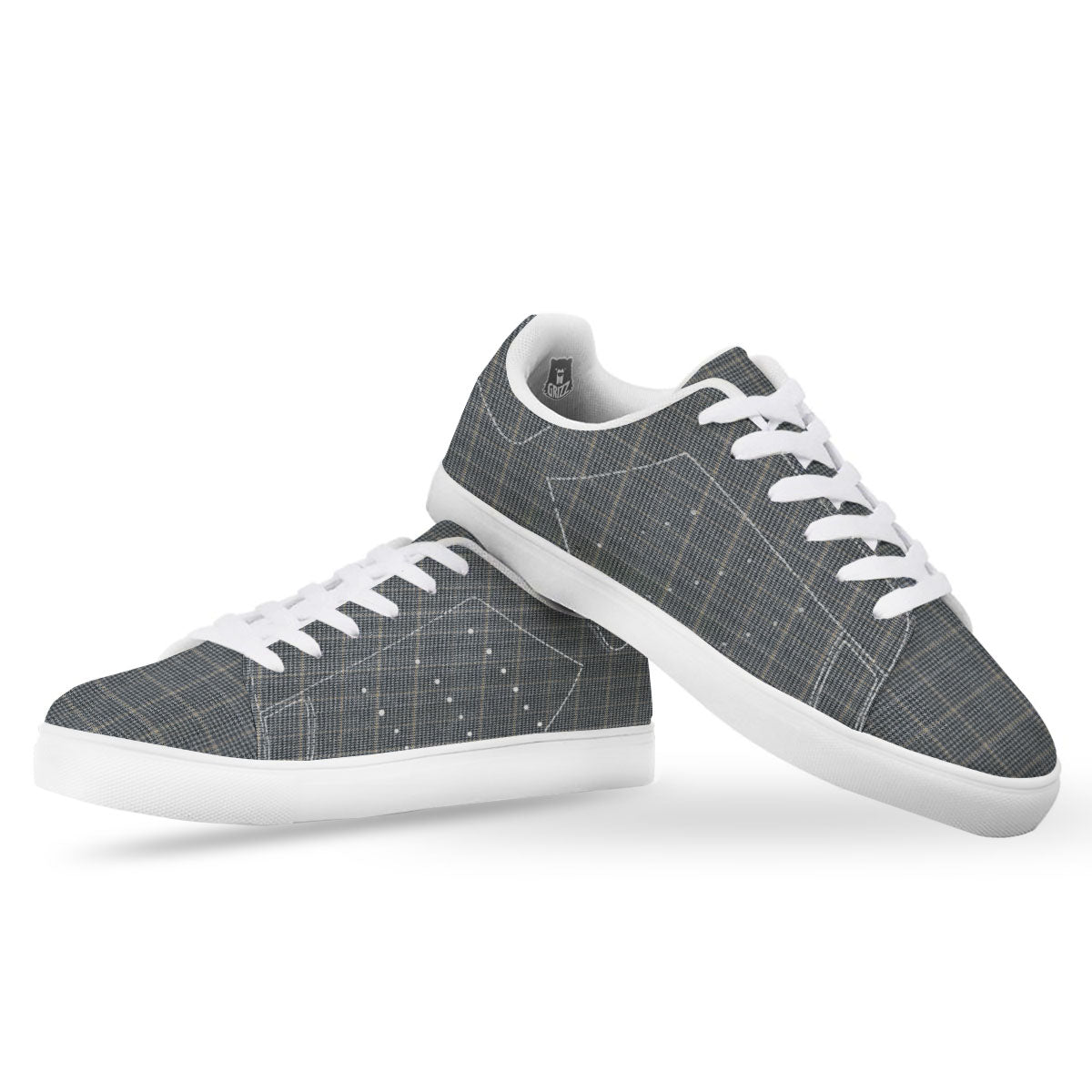 Windowpane Grey Print Pattern White Low Top Sneakers-grizzshop