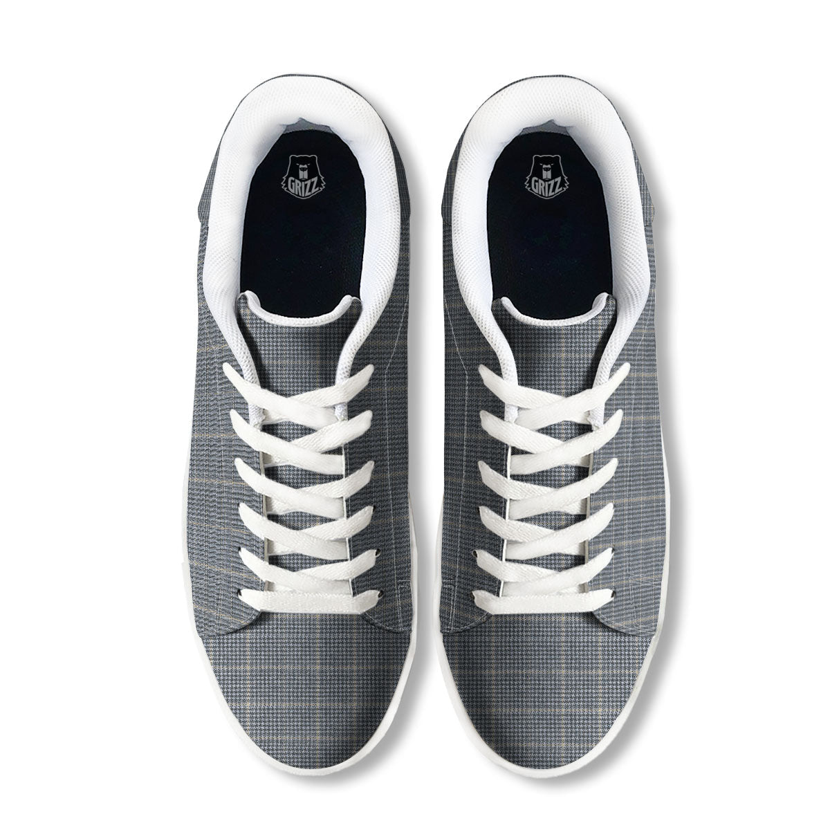 Windowpane Grey Print Pattern White Low Top Sneakers-grizzshop
