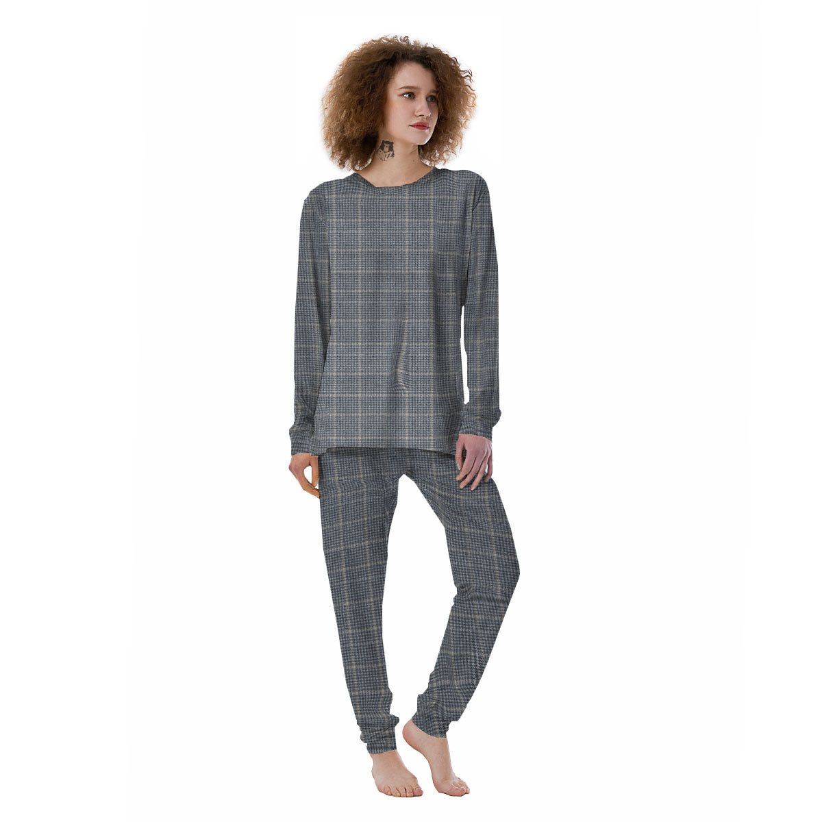 Windowpane Grey Print Pattern Women's Pajamas-grizzshop