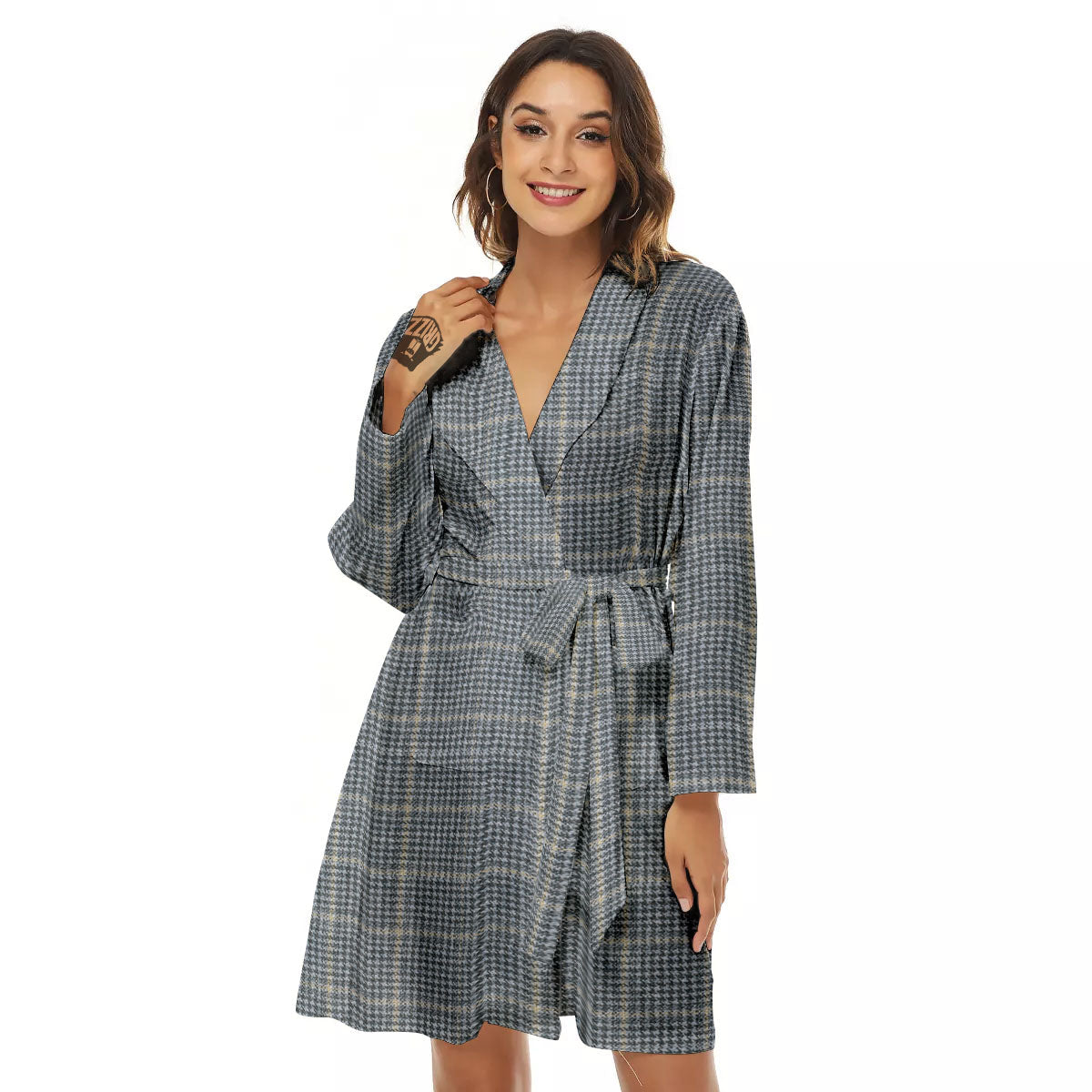 Windowpane Grey Print Pattern Women's Robe-grizzshop