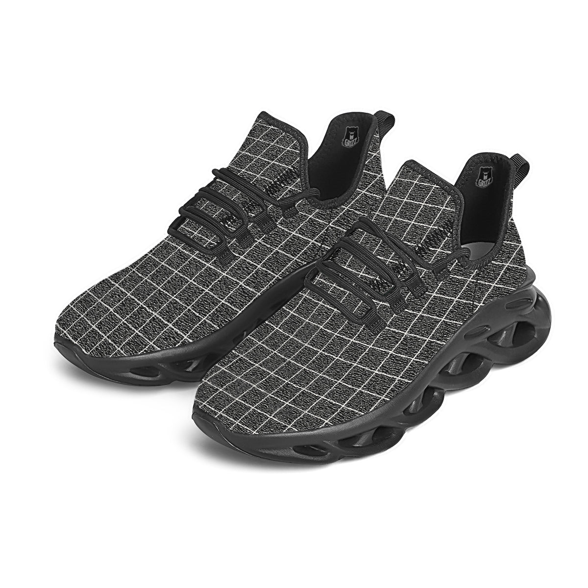 Windowpane Noisy Print Pattern Black Running Shoes-grizzshop