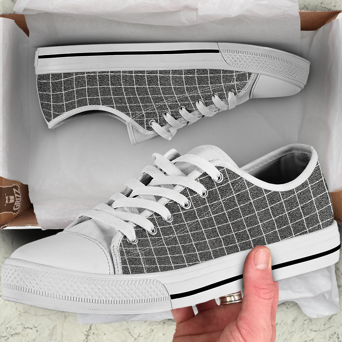 Windowpane Noisy Print Pattern White Low Top Shoes-grizzshop