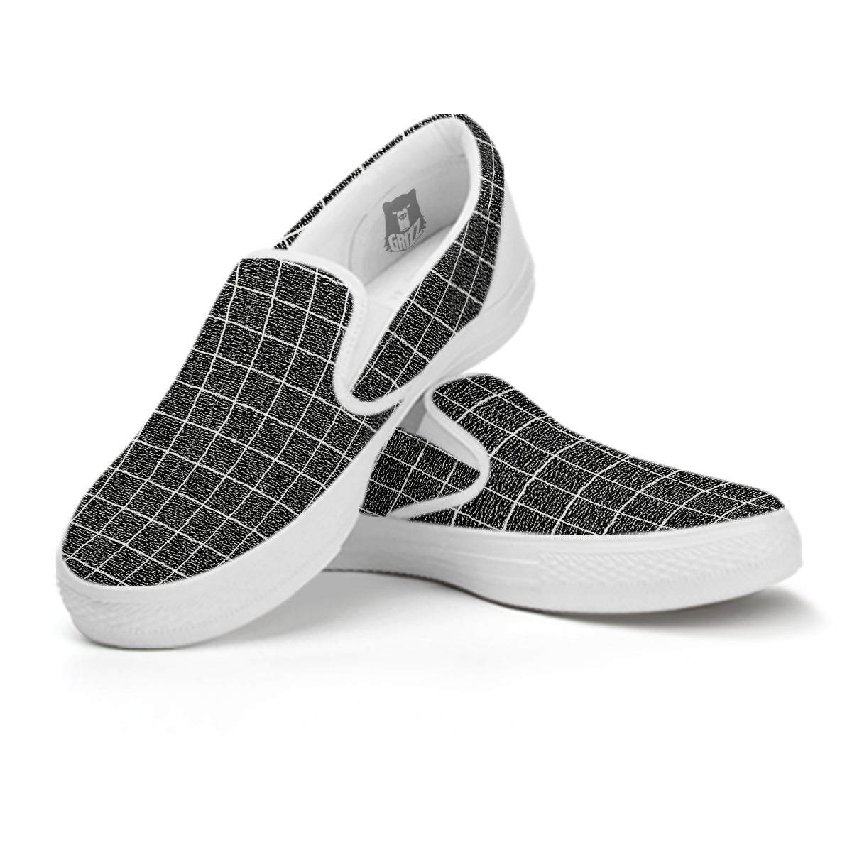 Windowpane Noisy Print Pattern White Slip On Shoes-grizzshop