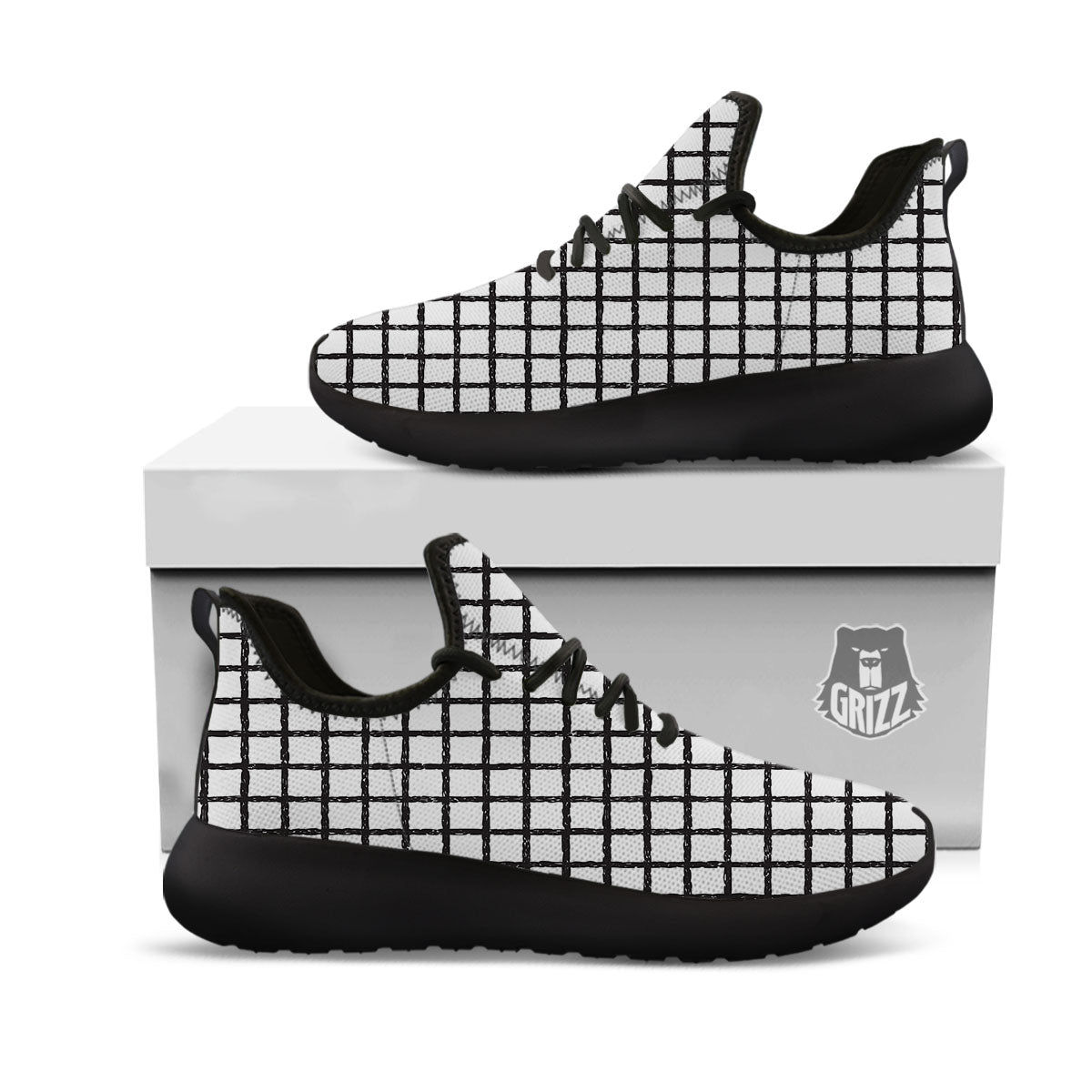Windowpane White And Black Print Pattern Black Athletic Shoes-grizzshop