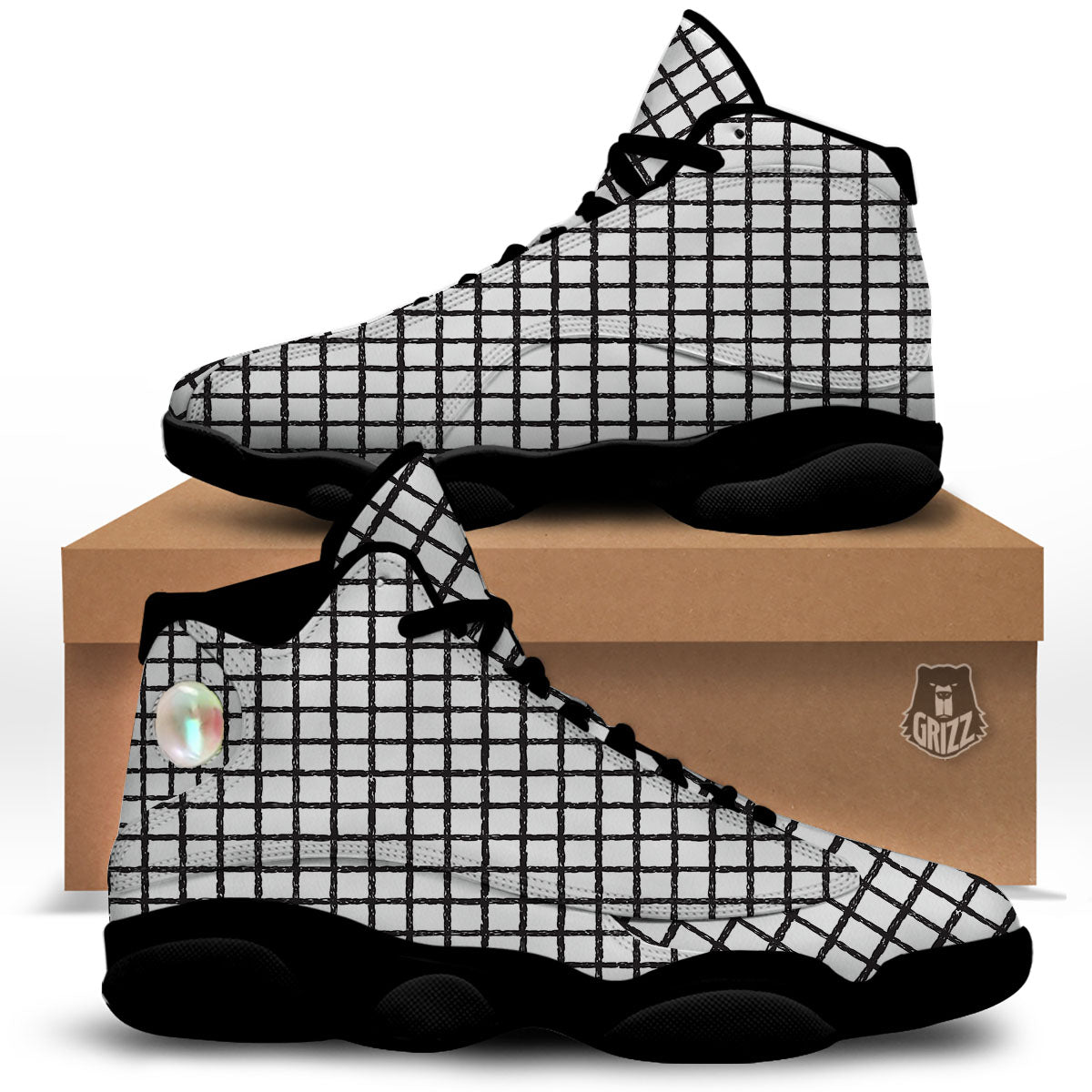 Windowpane White And Black Print Pattern Black Basketball Shoes-grizzshop
