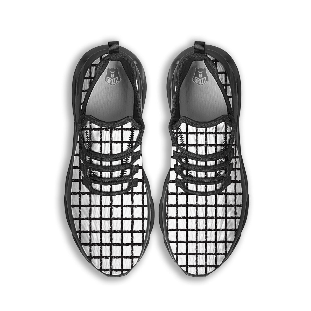 Windowpane White And Black Print Pattern Black Running Shoes-grizzshop