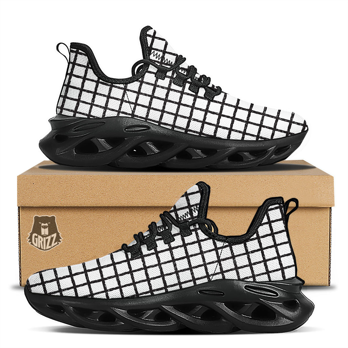 Windowpane White And Black Print Pattern Black Running Shoes-grizzshop