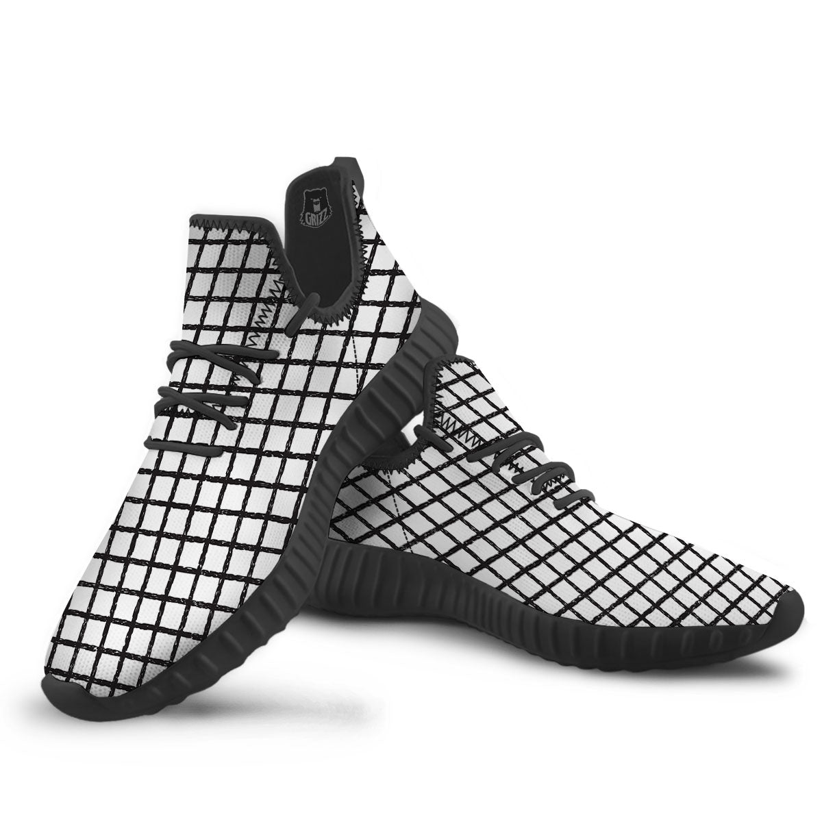Windowpane White And Black Print Pattern Black Walking Shoes-grizzshop