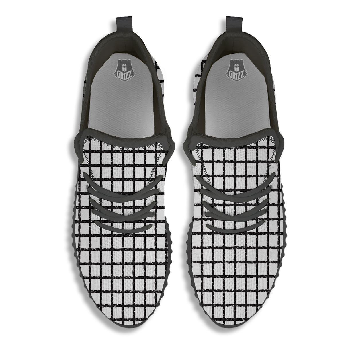 Windowpane White And Black Print Pattern Black Walking Shoes-grizzshop