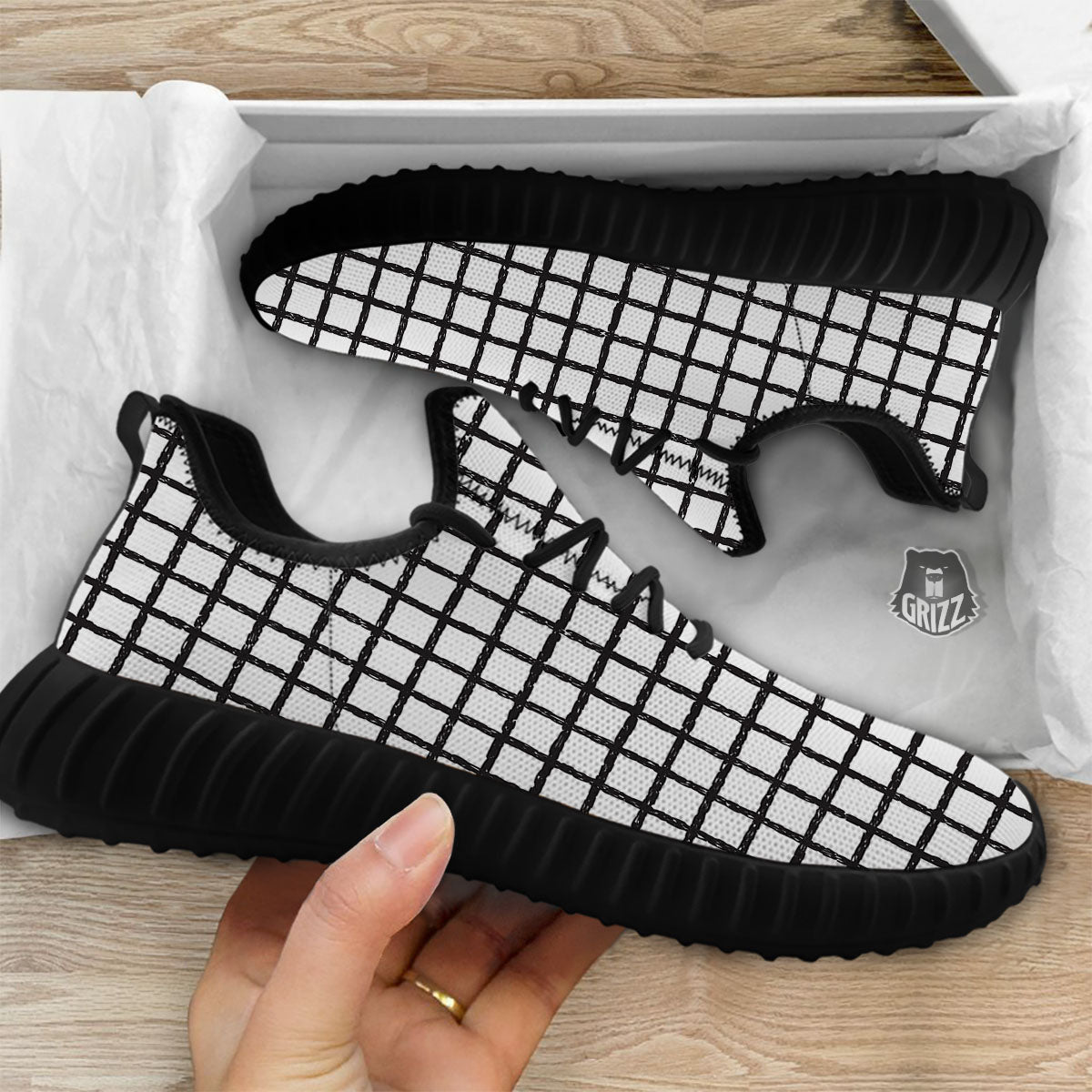 Windowpane White And Black Print Pattern Black Walking Shoes-grizzshop