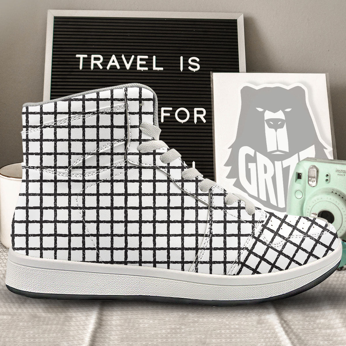 Windowpane White And Black Print Pattern High Top Sneakers-grizzshop