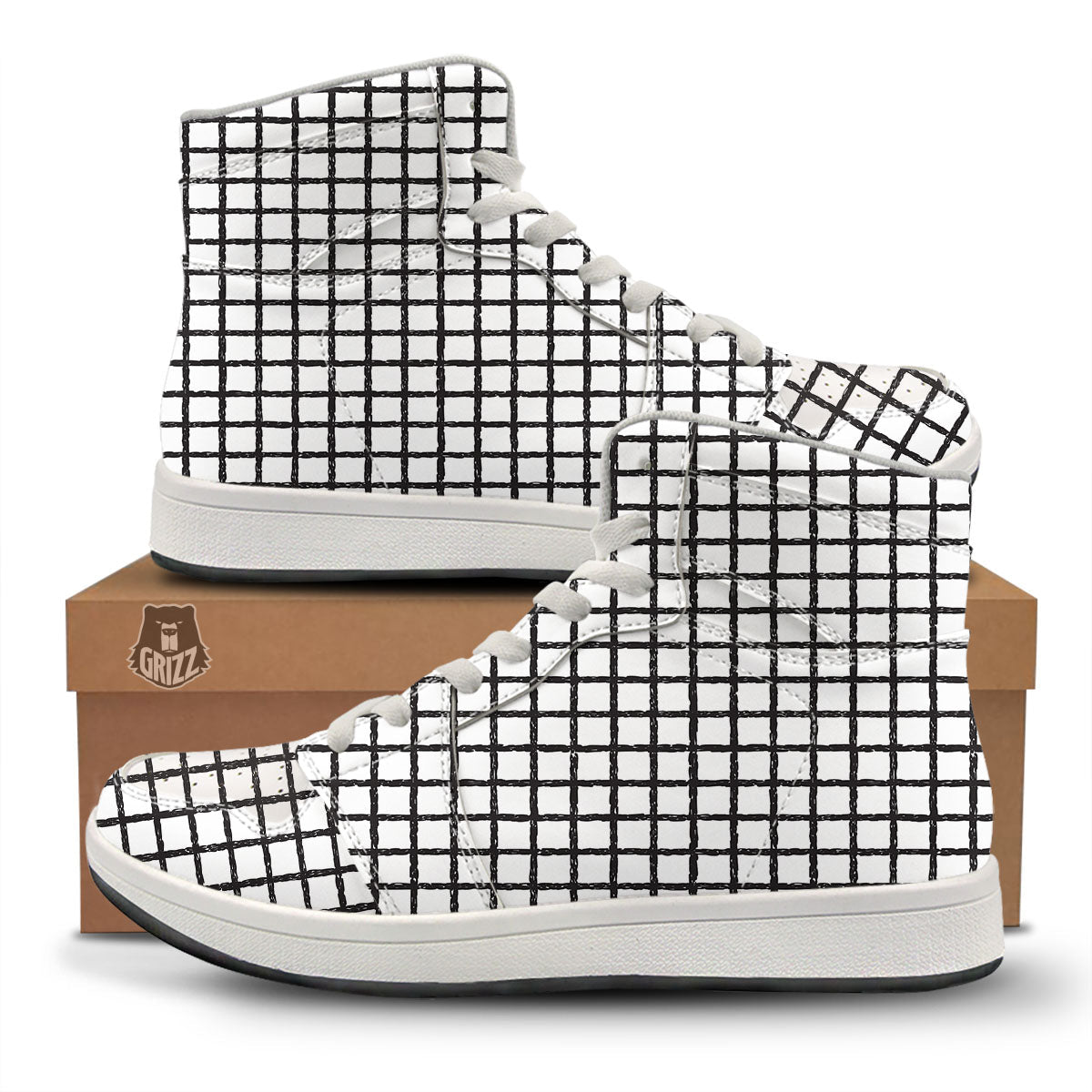 Windowpane White And Black Print Pattern High Top Sneakers-grizzshop