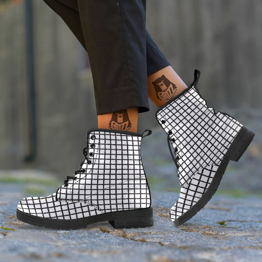 Windowpane White And Black Print Pattern Leather Boots-grizzshop