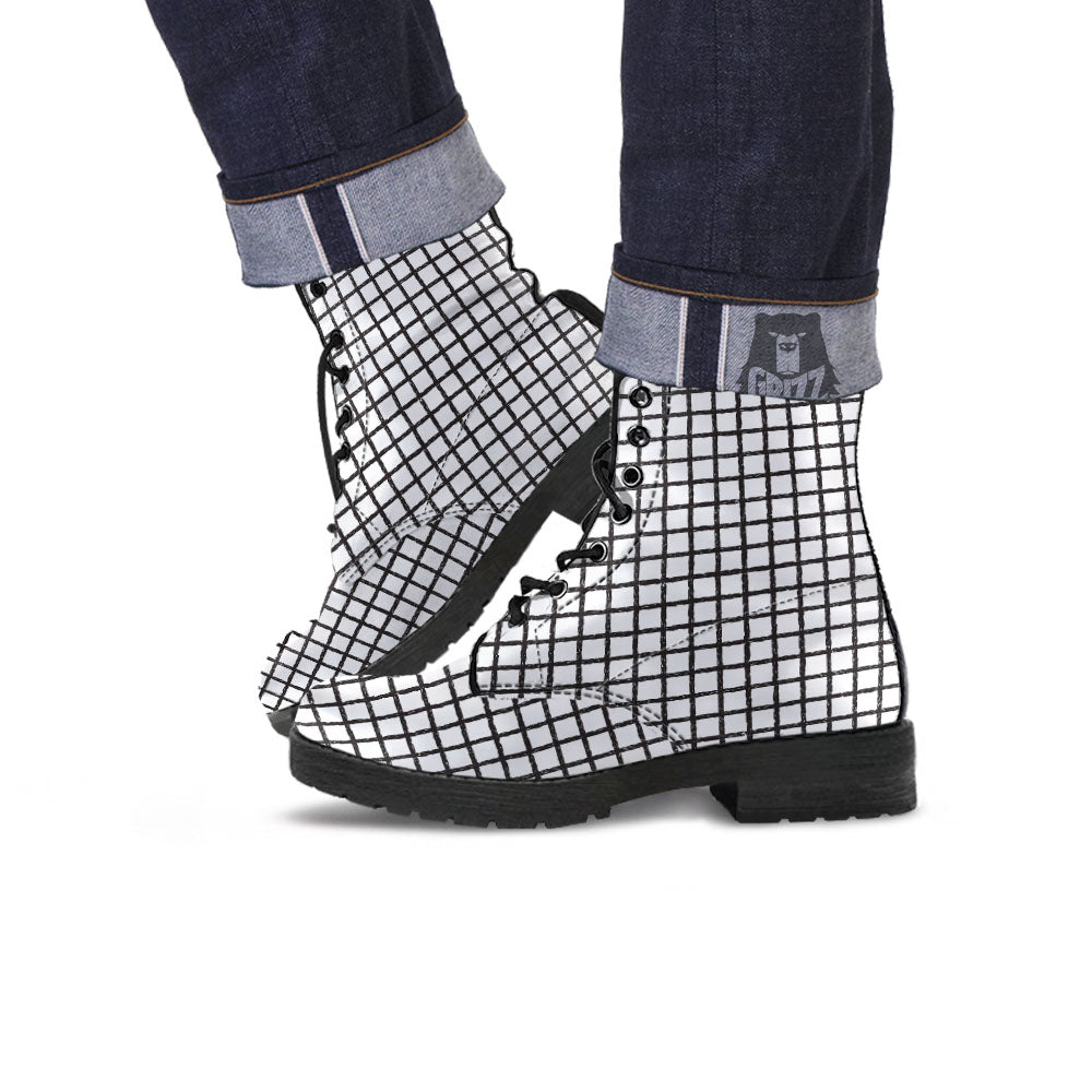 Windowpane White And Black Print Pattern Leather Boots-grizzshop
