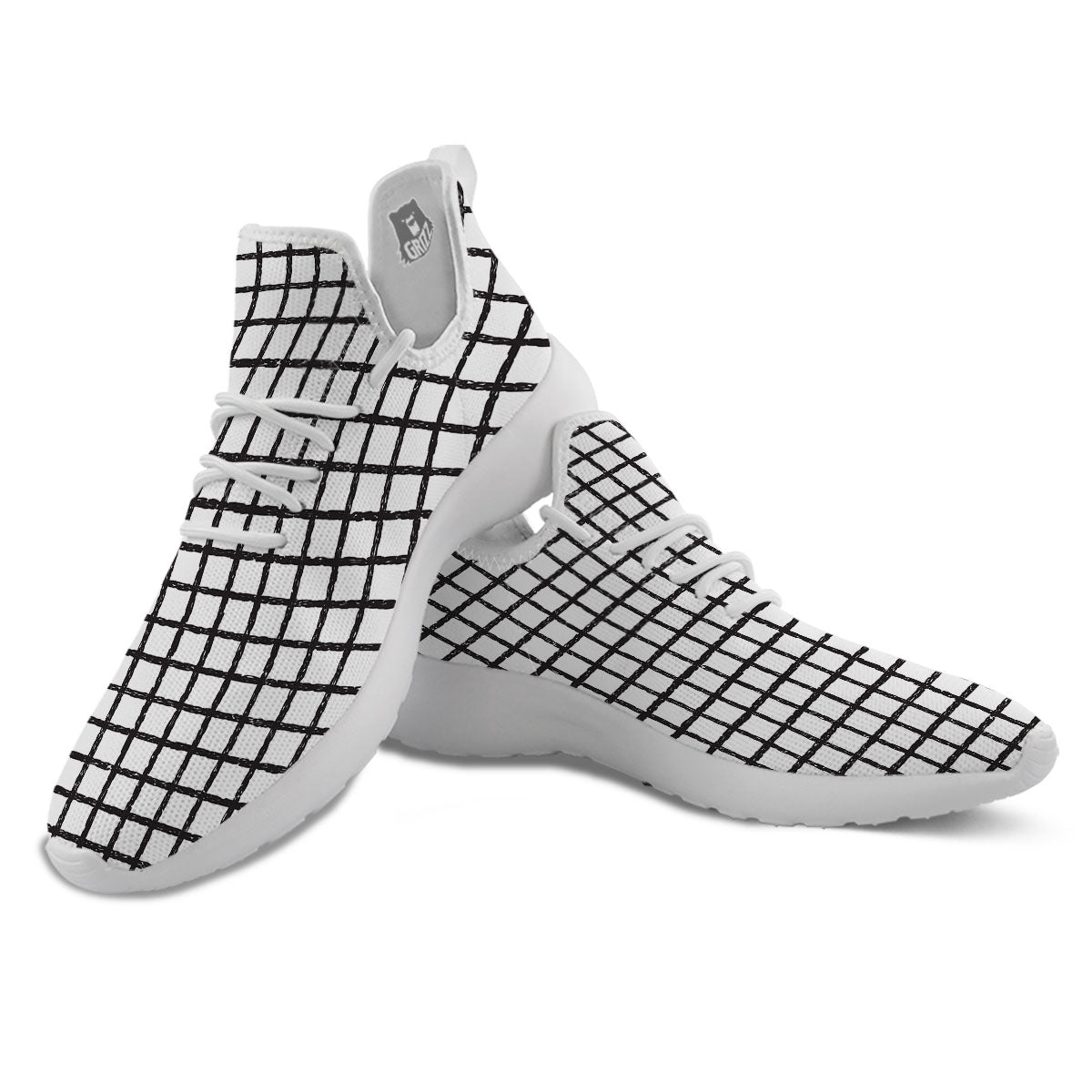Windowpane White And Black Print Pattern White Athletic Shoes-grizzshop