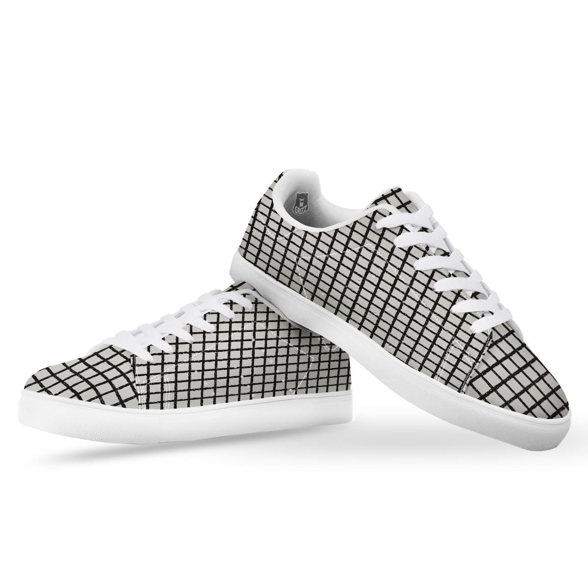 Windowpane White And Black Print Pattern White Low Top Sneakers-grizzshop
