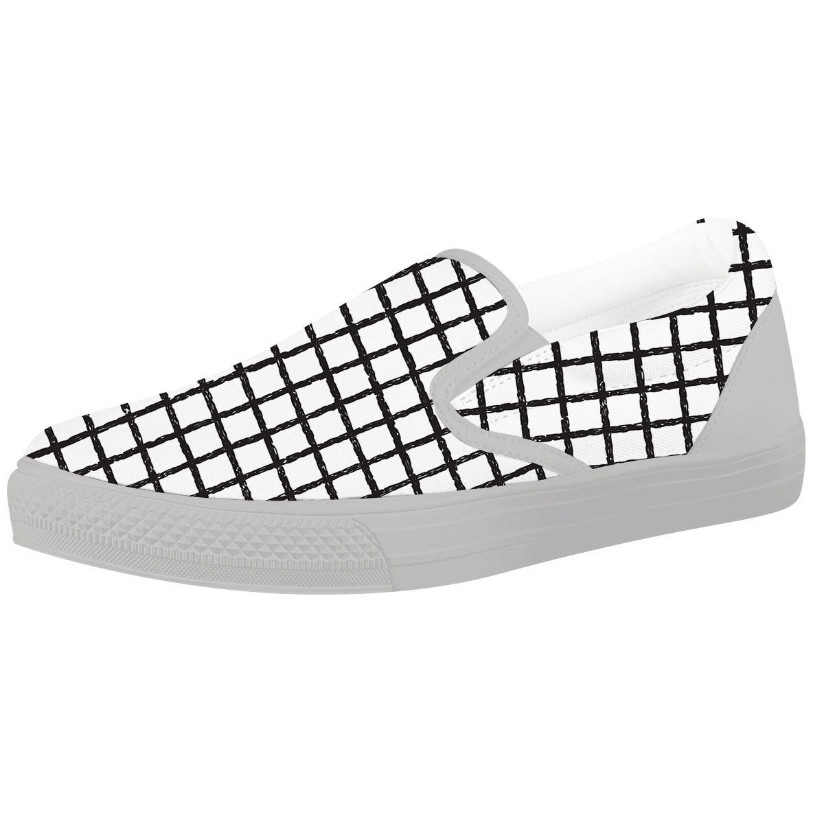 Windowpane White And Black Print Pattern White Slip On Shoes-grizzshop