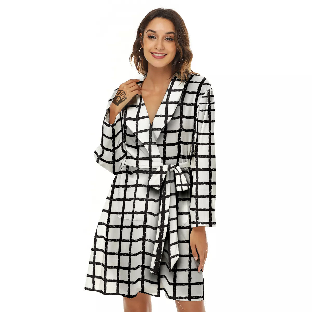 Windowpane White And Black Print Pattern Women's Robe-grizzshop