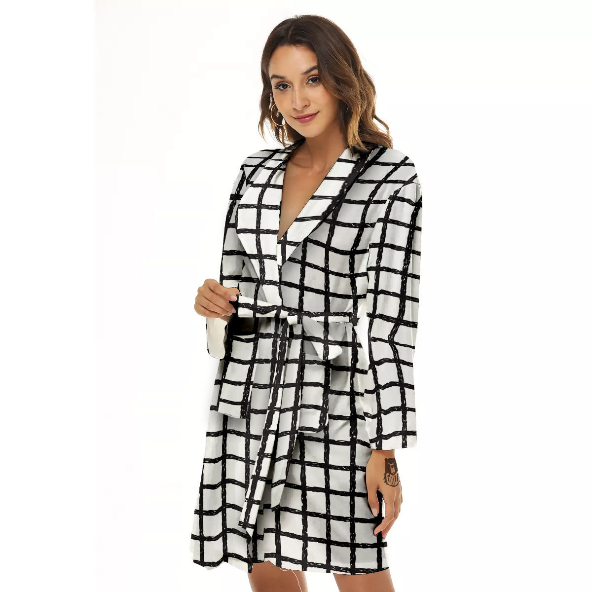 Windowpane White And Black Print Pattern Women's Robe-grizzshop
