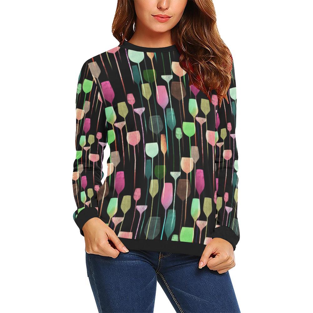 Wine Glass Pattern Print Women Crewneck Sweatshirt-grizzshop