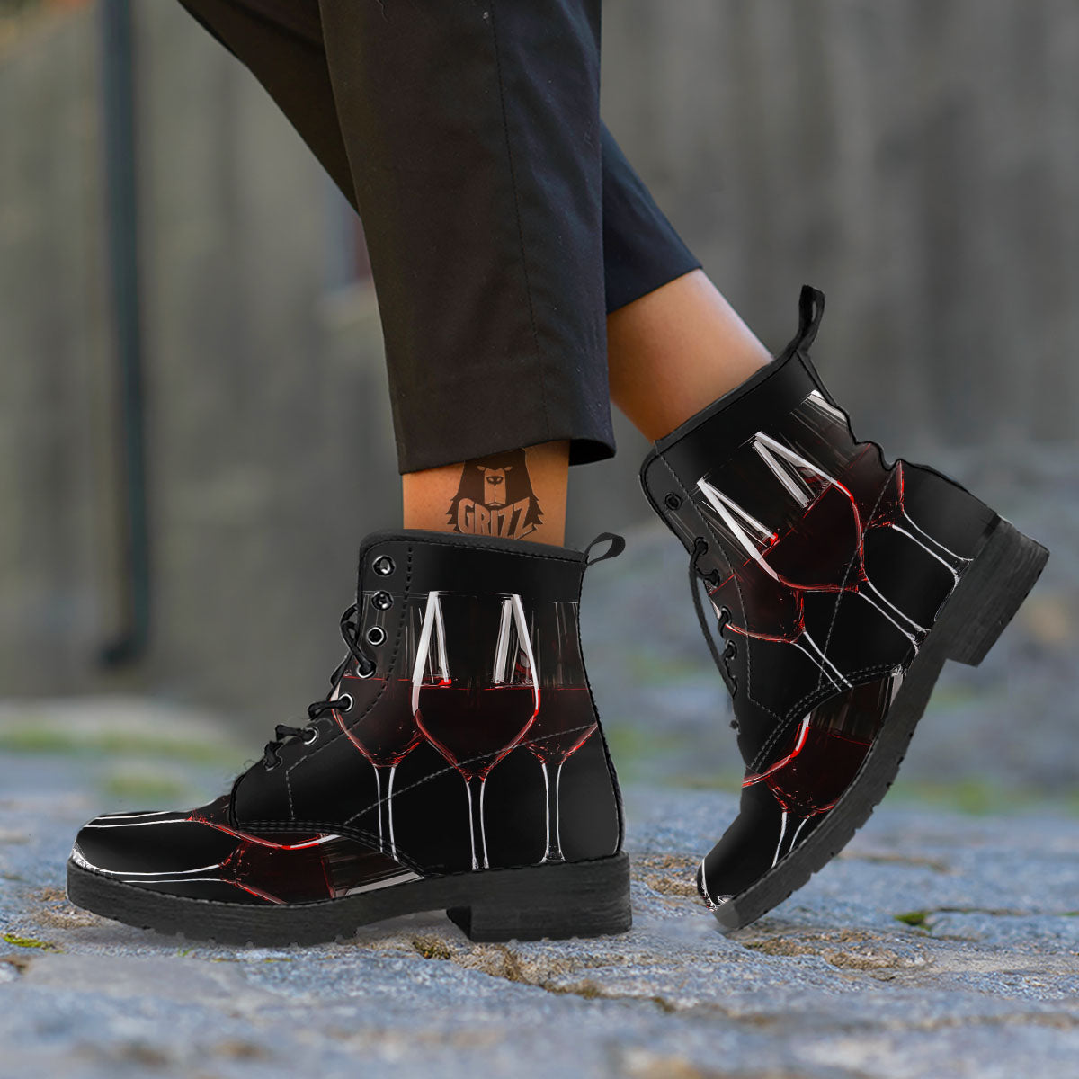 Wine Glasses Print Leather Boots-grizzshop