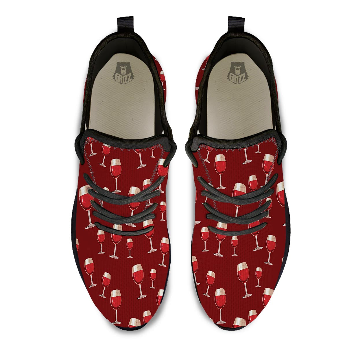 Wine Red Print Pattern Black Athletic Shoes-grizzshop