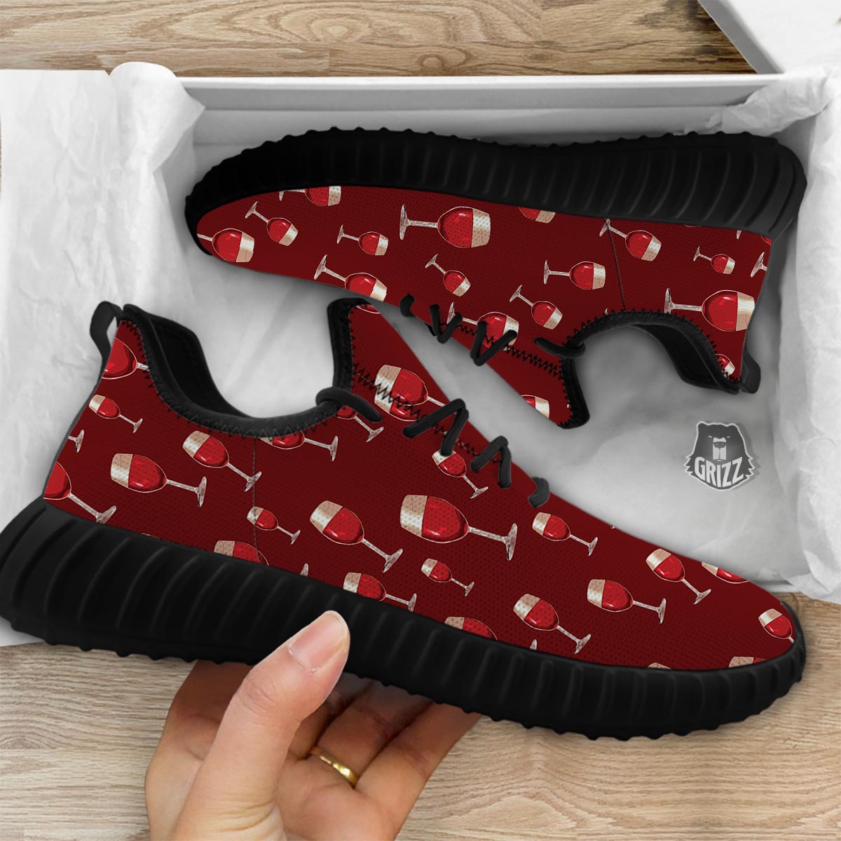 Wine Red Print Pattern Black Walking Shoes-grizzshop