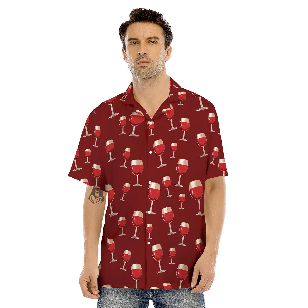 Wine Red Print Pattern Men's Hawaiian Shirt-grizzshop