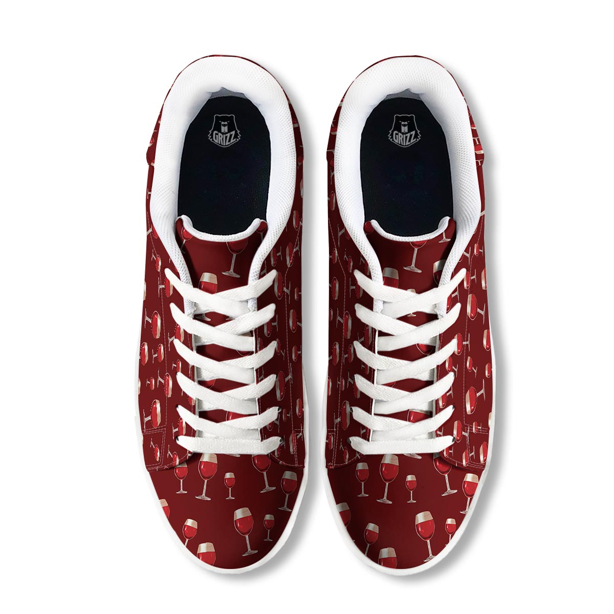 Wine Red Print Pattern White Low Top Sneakers-grizzshop