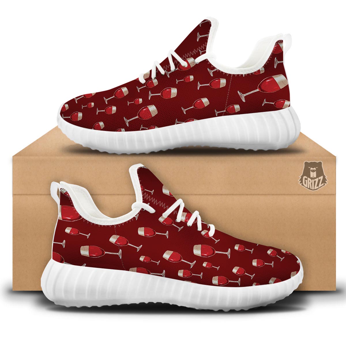 Wine Red Print Pattern White Walking Shoes-grizzshop