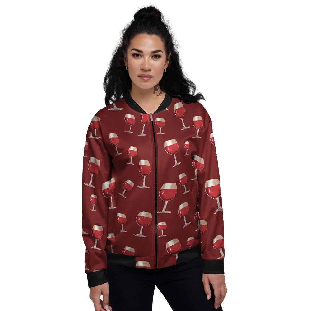 Wine Red Print Pattern Women's Bomber Jacket-grizzshop