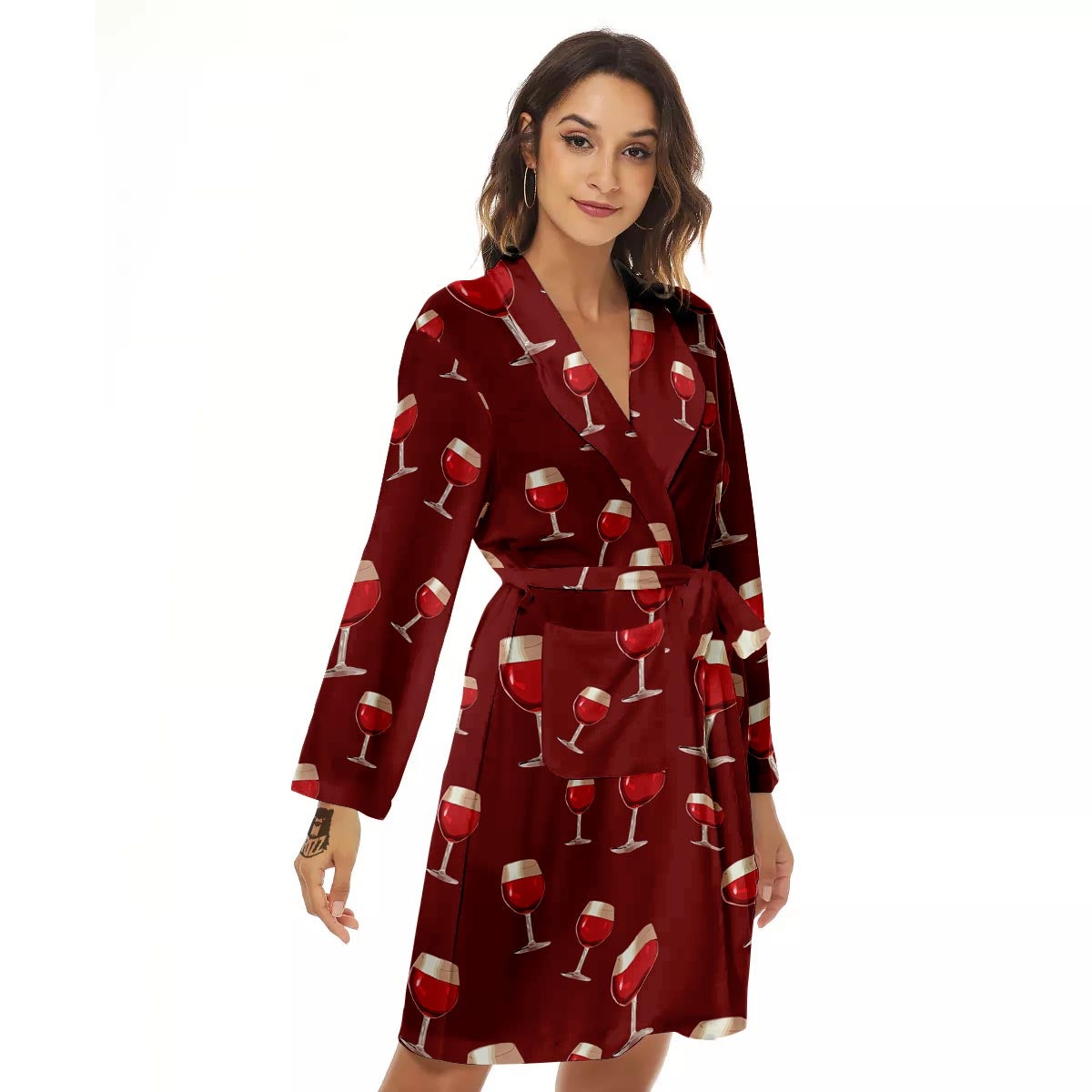 Wine Red Print Pattern Women's Robe-grizzshop