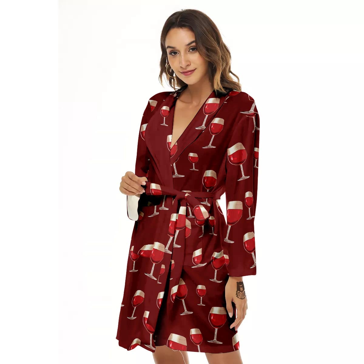 Wine Red Print Pattern Women's Robe-grizzshop