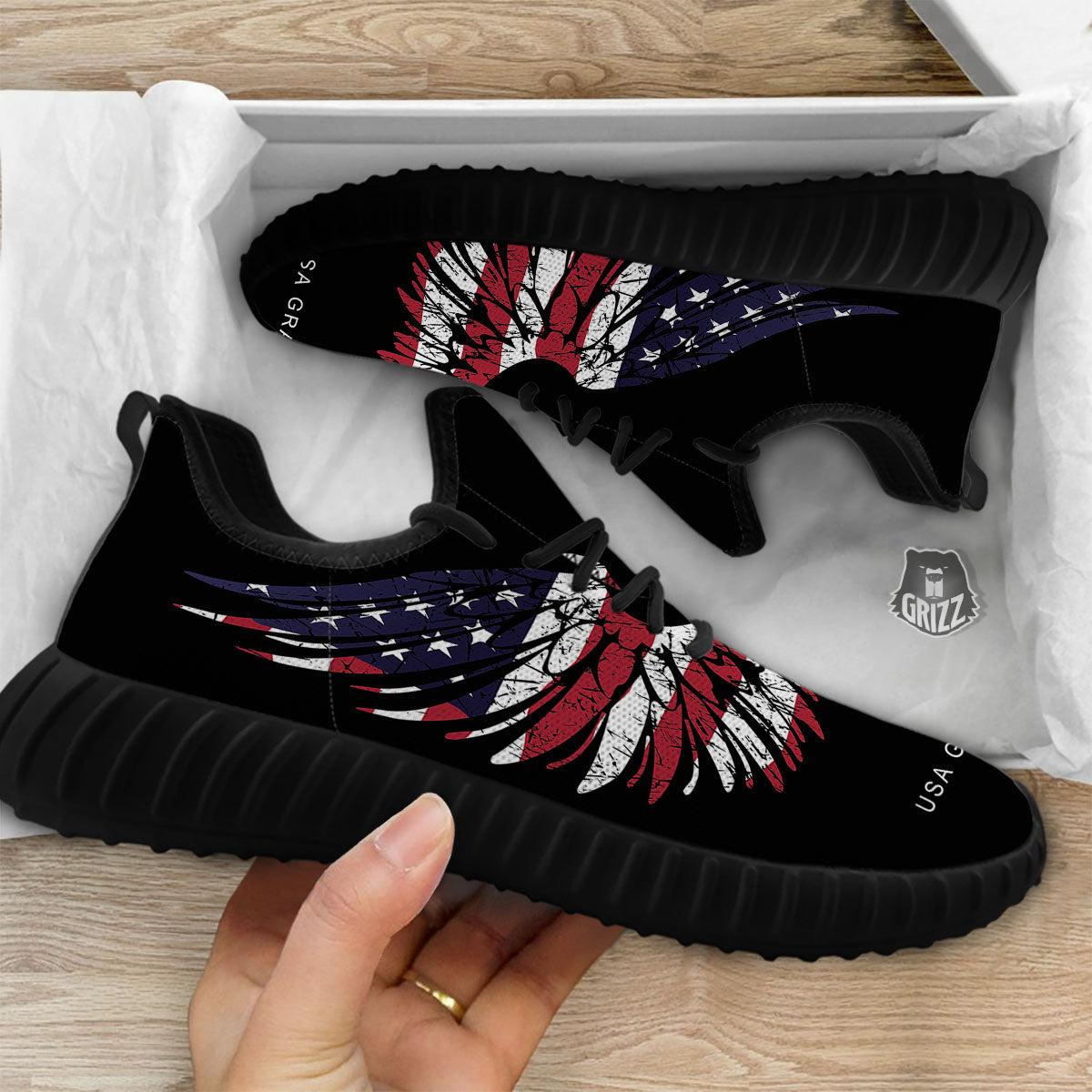 Wing Flag American Print Black Walking Shoes-grizzshop