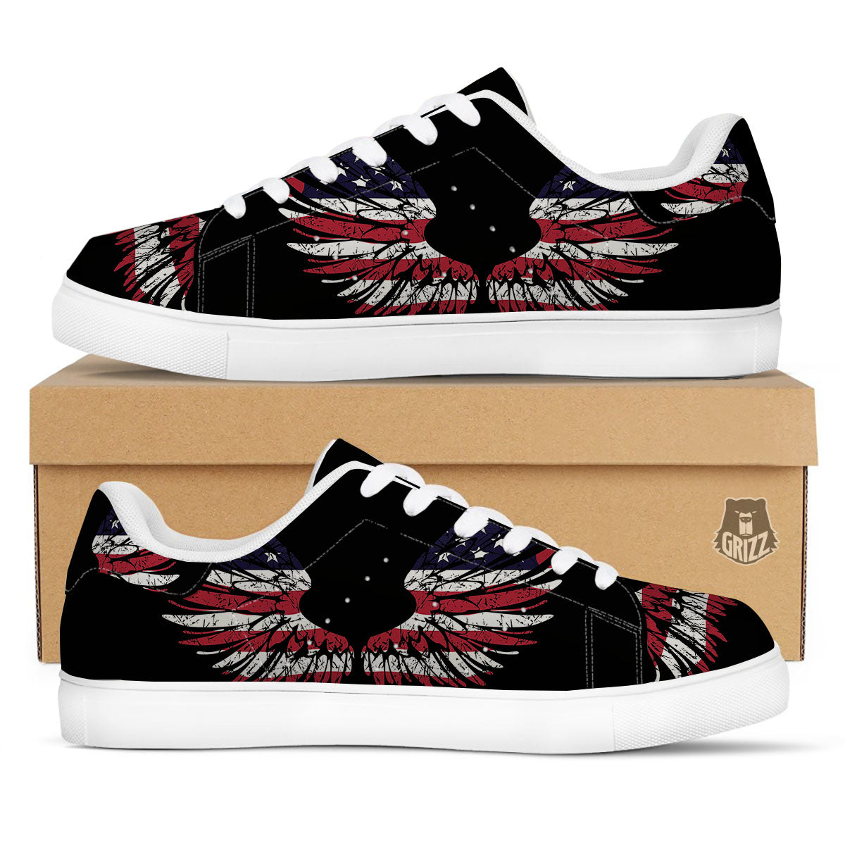 Wing Flag American Print White Low Top Sneakers-grizzshop